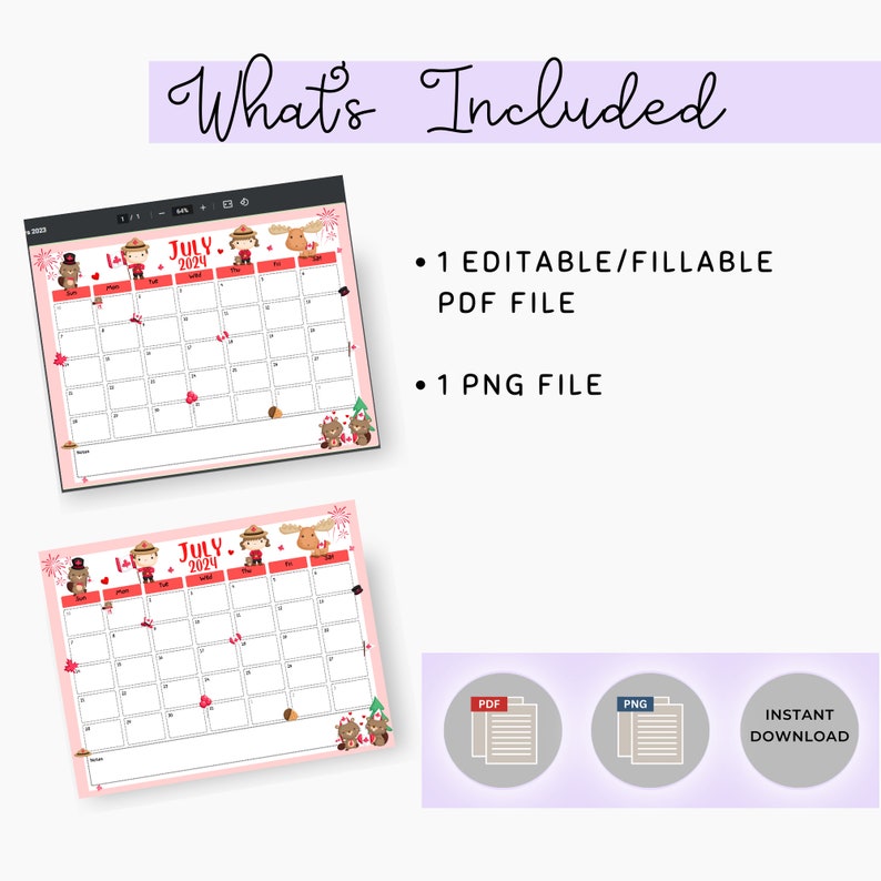 EDITABLE July 2024 Calendar, Canada Day Themed Calendar, Printable