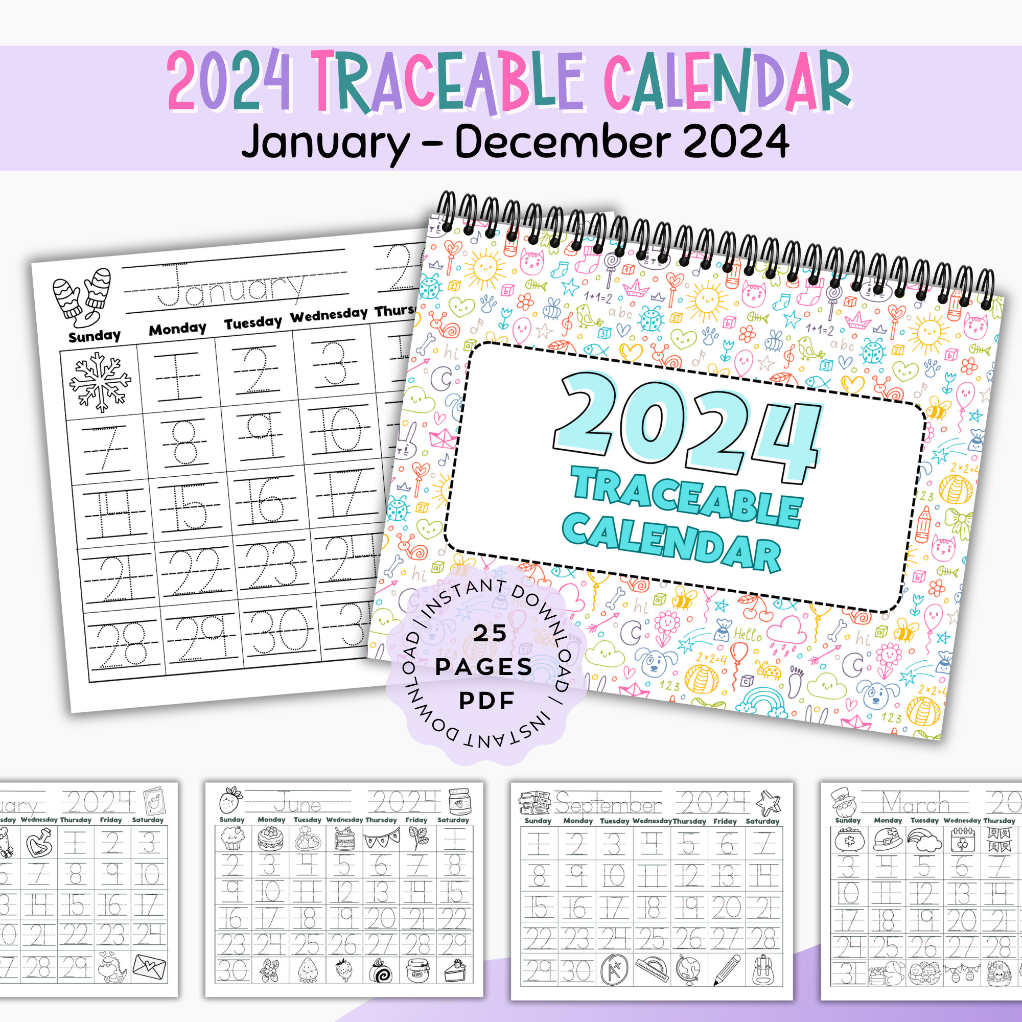 Printable 2024 Traceable Calendar for Kids - Printable Coloring Monthly Calendar With Number ...