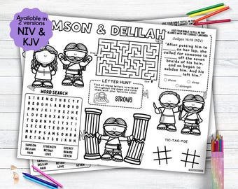 Samson and Delilah Activity Placemat, Bible Story Coloring Placemat as Kids Activity for Sunday School or Homeschool