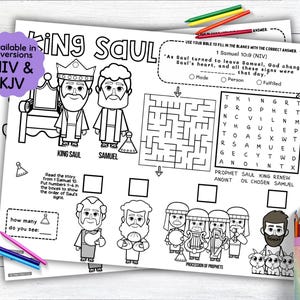 May include: Black and white coloring pages featuring King Saul and Samuel, with a maze, word search, and fill-in-the-blank activities. Includes the text "Available in 2 versions NIV & KJV". Colored pencils are visible in the image.