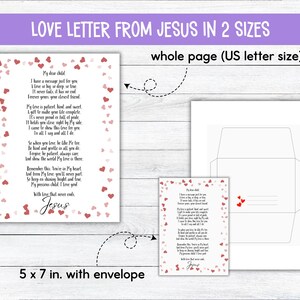 May include: A white letter with a poem and red heart accents, titled "Love Letter From Jesus." The image includes a whole page size and a 5 x 7 inch version with an envelope. The text reads "My dear child..."