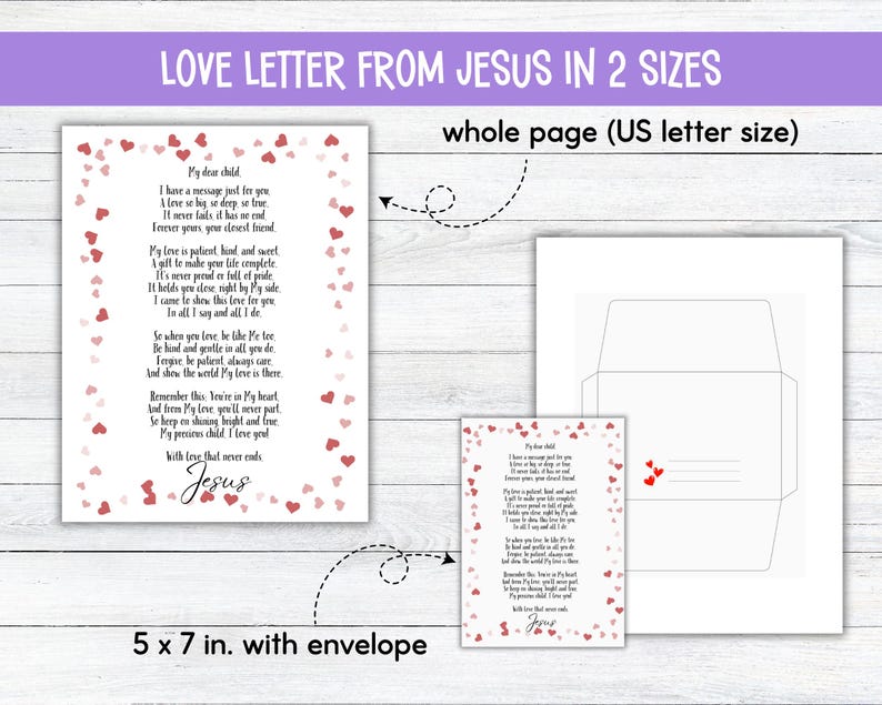May include: A white letter with a poem and red heart accents, titled "Love Letter From Jesus." The image includes a whole page size and a 5 x 7 inch version with an envelope. The text reads "My dear child..."