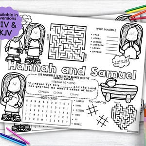 Hannah and Samuel Activity Placemat, Bible Story Coloring Placemat as Christian Kids Activity for Sunday School or Homeschooling