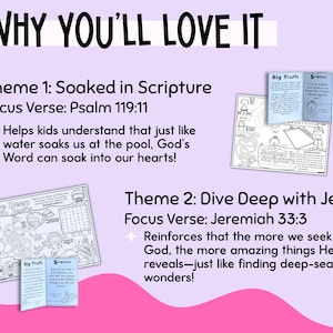 Op de afbeelding: Een lichtpaarse afbeelding met de tekst "WHY YOU'LL LOVE IT". De afbeelding bevat twee thema's: "Soaked in Scripture" en "Dive Deep with Jesus", elk met een focusvers en gerelateerde activiteiten. De afbeelding bevat ook de tekst "Big Truth" en "Scripture".
