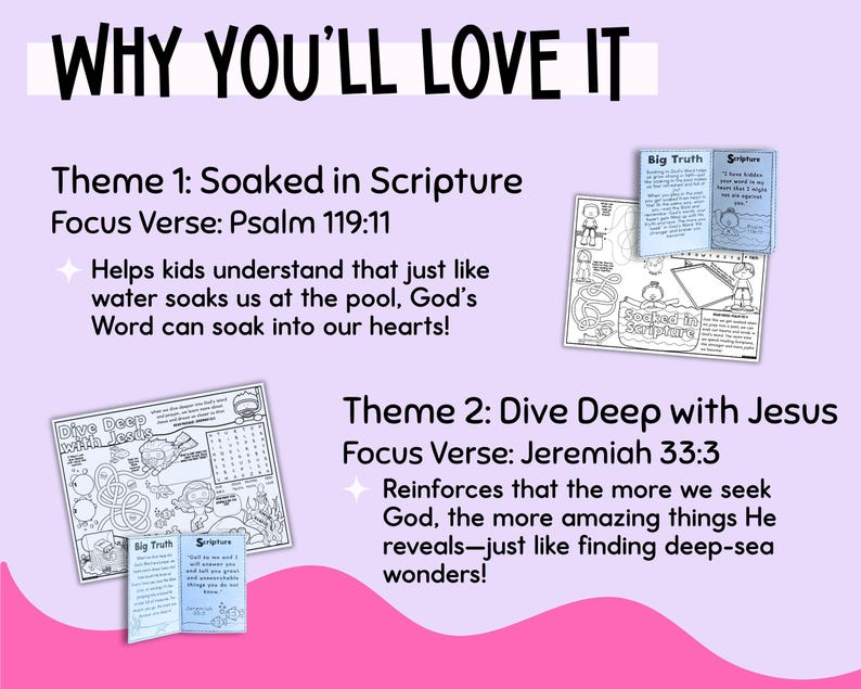 Op de afbeelding: Een lichtpaarse afbeelding met de tekst "WHY YOU'LL LOVE IT". De afbeelding bevat twee thema's: "Soaked in Scripture" en "Dive Deep with Jesus", elk met een focusvers en gerelateerde activiteiten. De afbeelding bevat ook de tekst "Big Truth" en "Scripture".
