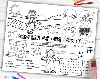 Parable of the Sower Activity Placemat, Jesus Bible Story Coloring Placemat as Kids Activity for Sunday School or Homeschooling