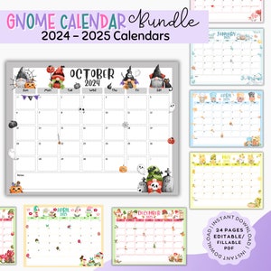 2024-2025 Gnome Calendar Bundle, EDITABLE/FILLABLE  Gnome Themed Monthly Calendar, Printable Calendar, Instant Download