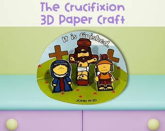 Peut inclure: Une création en papier 3D représentant la crucifixion de Jésus-Christ. L'artisanat présente une croix brune avec une figure blanche de Jésus dessus. Il y a deux autres figures, l'une en bleu et l'autre en rouge, debout de chaque côté de la croix. L'artisanat est placé sur un fond vert avec des fleurs rouges. Le texte "It is finished." est écrit dans un cercle blanc au-dessus de la croix. Le texte "JOHN 19:30" est écrit sous la croix.