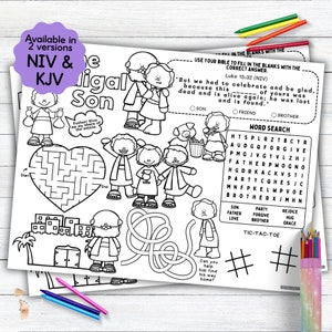 May include: Black and white coloring pages with illustrations of the Parable of the Prodigal Son, including a maze, word search, and fill-in-the-blank activities. Text includes "Available in 2 versions NIV & KJV" and Bible verses.
