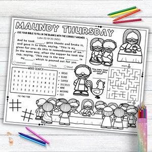 Maundy Thursday Activity Placemat, Holy Week, Lenten Season Coloring Placemat as Kids Activity for Sunday School or Homeschooling