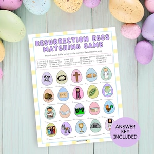 May include: A brightly coloured Easter matching game titled "Resurrection Eggs Matching Game." The game features illustrated eggs with Bible verses and corresponding images. An "Answer Key Included" sticker is visible. Pastel-coloured Easter eggs surround the game sheet.