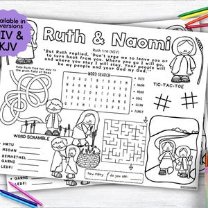 Ruth and Naomi Activity Placemat, Old Testament Bible Story Coloring Placemat as Christian Kids Activity for Sunday School or Homeschooling