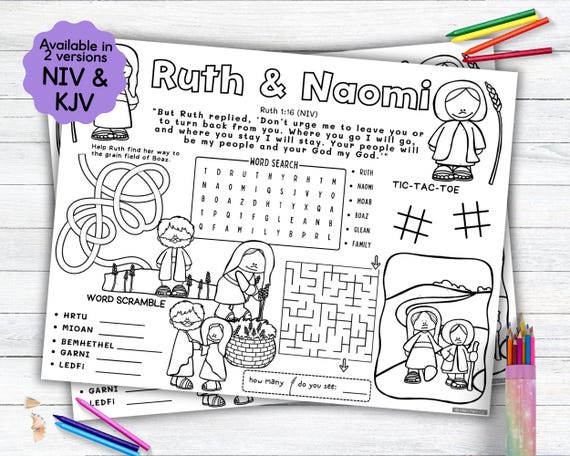 Ruth and Naomi Activity Placemat, Old Testament Bible Story Coloring Placemat as Christian Kids Activity for Sunday School or Homeschooling