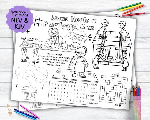 Jesus Heals a Paralyzed Man Activity Placemat, Jesus Bible Story Coloring Placemat as Kids Activity for Sunday School or Homeschooling