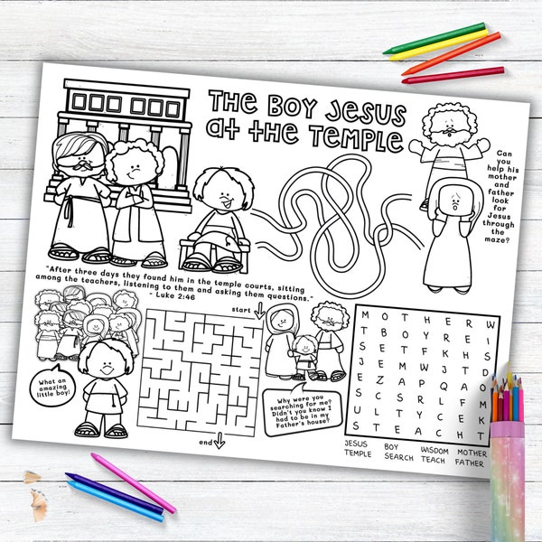 The Boy Jesus at the Temple Activity Placemat, Jesus Bible Story Coloring Placemat as Kids Activity for Sunday School or Homeschooling