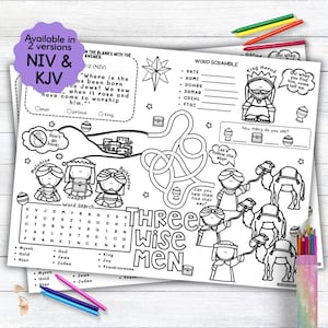 Three Wise Men Activity Placemat, Nativity, Christmas Bible Story Coloring Placemat as Kids Activity for Sunday School or Homeschooling