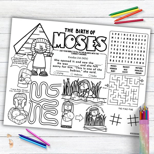 Birth of Moses Activity Placemat, Bible Story Coloring Placemat as Kids Activity for Sunday School or Homeschool