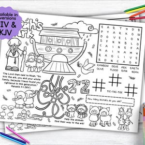 May include: Black and white printable coloring page featuring Noah's Ark, animals, and a word search puzzle. The text on the page reads "The Lord then said to Noah, 'Go into the ark, you and your whole family, because I have found you righteous in this generation.' Genesis 7:1 (NIV)"