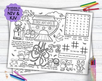 Noah's Ark Activity Placemat, Bible Story Coloring Placemat as Kids Activity for Sunday School or Homeschooling