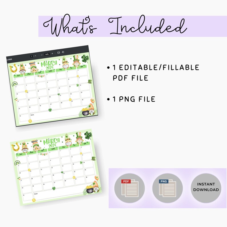 EDITABLE/FILLABLE March 2024 Gnome Calendar, St. Patrick Day Gnome