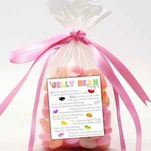 May include: A clear cellophane bag filled with colorful jelly beans, tied with a pink ribbon. A small card attached to the bag reads "Jelly Bean Prayer" and lists the meaning of each color jelly bean.