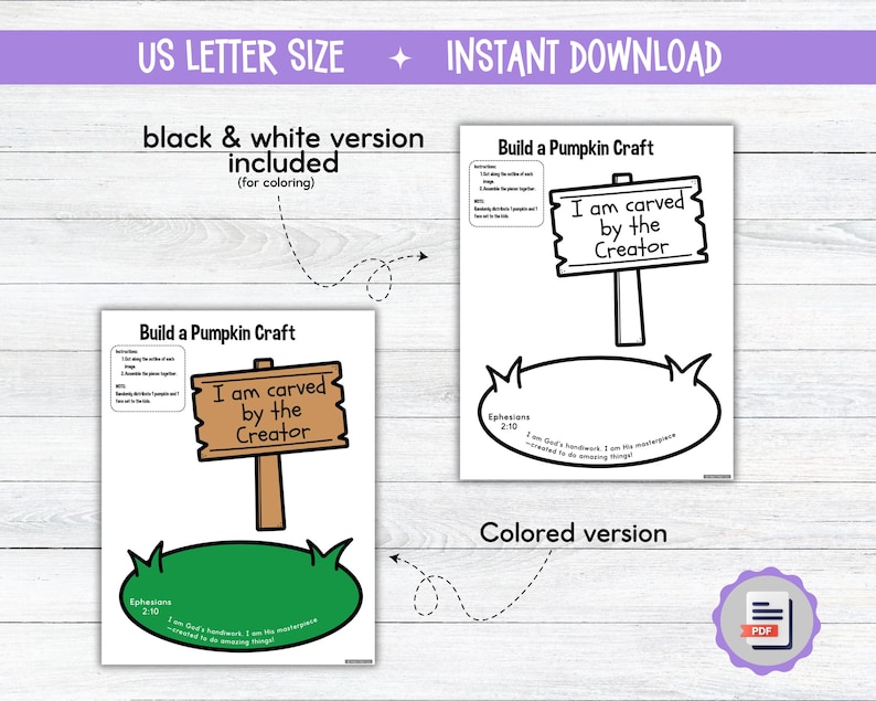May include: Two printable pages for a pumpkin craft. One page is a black and white version for coloring, and the other is a colored version. The text on the sign reads "I am carved by the Creator". The text "US LETTER SIZE" and "INSTANT DOWNLOAD" are at the top.