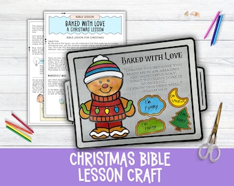 May include: A printable Christmas Bible lesson craft for kids. The craft features a gingerbread man with a red sweater and a baking pan with the words "Baked with Love" and a Bible verse. The craft includes several colorful cut-out pieces that can be used to decorate the gingerbread man.