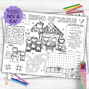 May include: Black and white coloring page featuring the Nativity scene with a word search puzzle and a maze. The text on the page reads "The Birth of Jesus" and includes a Bible verse from Luke 2:7.