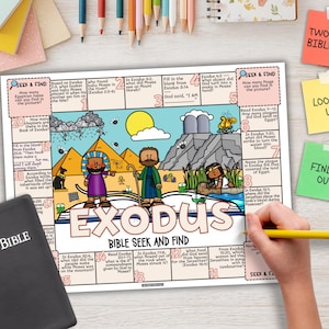 May include: A colourful Bible-themed game board with the word "EXODUS" and "BIBLE SEEK AND FIND". The game features cartoon illustrations of biblical figures and scenes, with text prompts. A black Bible and sticky notes are also visible.
