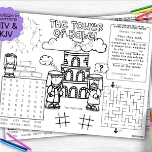 May include: A black and white printable worksheet for kids about the Tower of Babel story from the Bible. The worksheet includes a word search, a maze, a tic-tac-toe game, and a fill-in-the-blank activity. The text on the worksheet includes the Bible verse Genesis 11:4 (NIV).