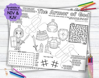 Puede incluir: Página para colorear en blanco y negro con la Armadura de Dios. Incluye un laberinto, una búsqueda de palabras y tres en raya. El texto dice "The Armor of God" y "Available in 2 versions NIV & KJV". Se ven lápices de colores.