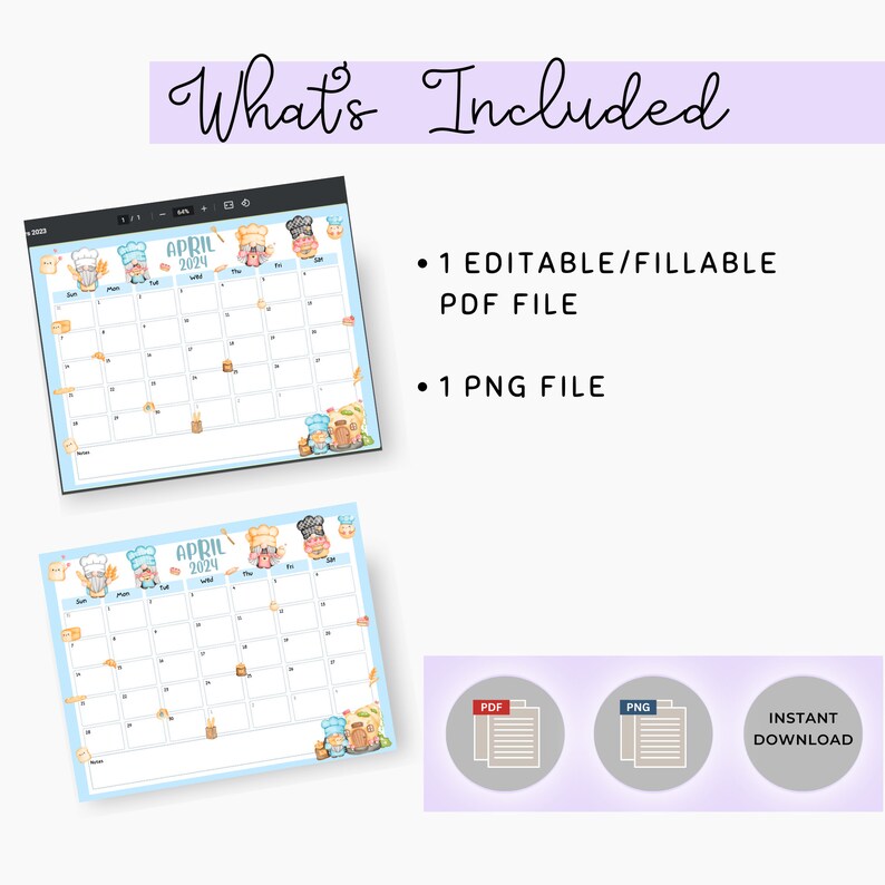 April 2024 Baker Gnome Calendar, EDITABLE/FILLABLE Baker Gnome Monthly