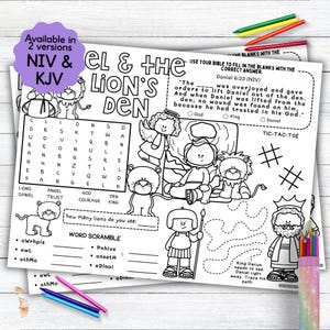 May include: Black and white printable worksheet featuring a word search, word scramble, tic-tac-toe game, and coloring pages. The worksheet is based on the Bible story of Daniel in the Lion's Den. The text "Daniel 6:23 (NIV)" and the quote "The ____ was overjoyed and gave orders to lift Daniel out of the den. And when Daniel was lifted from the den, no wound was found on him, because he had trusted in his God." are included on the worksheet.