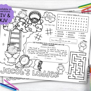 Jacob&#39;s Ladder Activity Placemat, Jacob&#39;s Dream Bible Story Coloring Placemat as Christian Kids Activity for Sunday School or Homeschooling