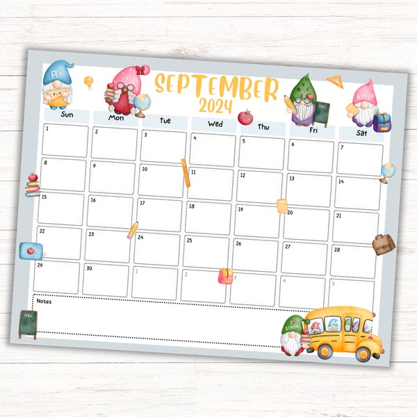 September 2024 School Gnome Calendar, EDITABLE/FILLABLE Back-to-School Gnome Monthly Calendar, Printable Calendar, Instant Download