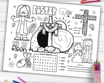 Easter Activity Placemat, Bible Story Coloring Placemat as Kids Activity for Sunday School or Homeschooling