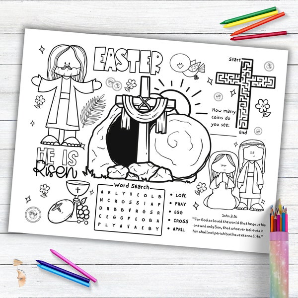 Easter Activity Placemat, Bible Story Coloring Placemat as Kids Activity for Sunday School or Homeschooling