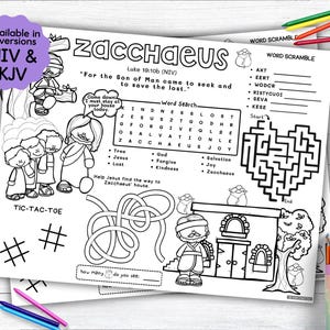 Zacchaeus Activity Placemat, Life of Jesus Bible Story Coloring Placemat as Christian Kids Activity for Sunday School or Homeschooling