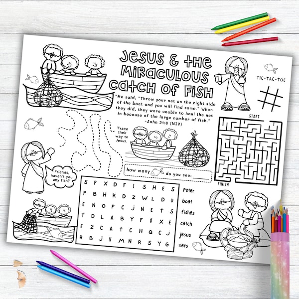 Jesus & Miraculous Catch of Fish Activity Placemat, Jesus Bible Story Coloring Placemat as Kids Activity for Sunday School or Homeschooling