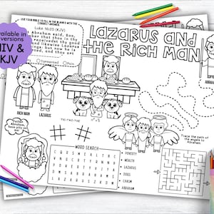 Lazarus and the Rich Man Activity Placemat, New Testament Bible Story Coloring Placemat as Kids Activity for Sunday School or Homeschooling