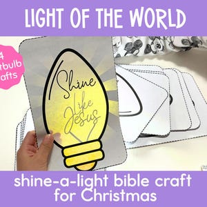 Op de afbeelding: Een knutselproject met een gloeilampontwerp en de tekst "Shine Like Jesus". De afbeelding bevat de woorden "Light of the World" en "shine-a-light bible craft for Christmas". Een roze cirkel geeft "14 lightbulb crafts" aan.