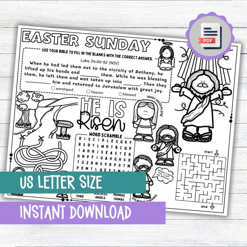 Easter Sunday Activity Placemat, Holy Week, Lenten Season Coloring