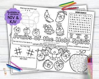 Fruits of the Holy Spirit Activity Placemat, Galatians 5 Bible Story Coloring Placemat as Kids Activity for Sunday School or Homeschooling