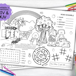 May include: A black and white printable coloring page featuring a word search, word scramble, and maze. The page is themed around the Garden of Eden with a rainbow, trees, and people. The text on the page includes "Garden of Eden", "Word Search", "Word Scramble", "Maze", and "Genesis 2:16-17".