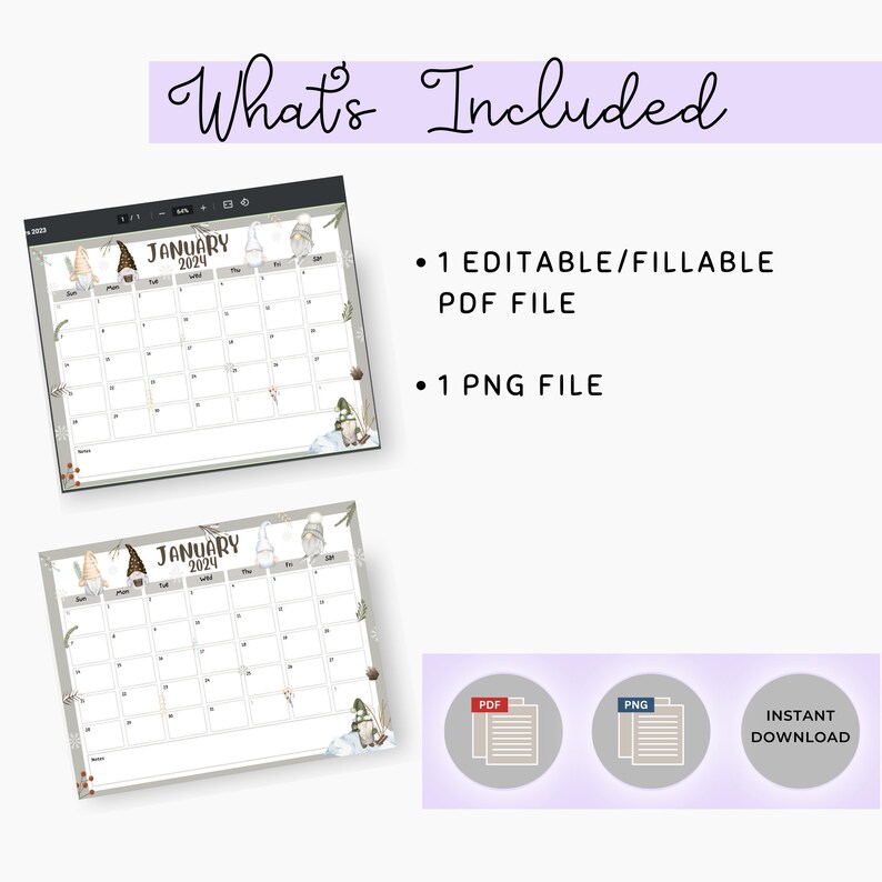 January 2024 Winter Gnome Calendar, EDITABLE/FILLABLE Winter Gnome