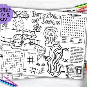Baptism of Jesus Activity Placemat, John the Baptist Bible Story Coloring Placemat as Kids Activity for Sunday School or Homeschooling