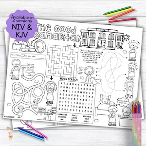 The Good Samaritan Activity Placemat, Jesus&#39; Parable, Bible Story Coloring Placemat as Kids Activity for Sunday School or Homeschooling