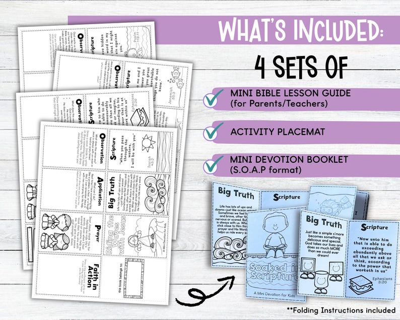 Op de afbeelding: Een set van vier mini Bijbellesgidsen, activiteitenplacemats en mini devotieboekjes. De boekjes bevatten illustraties en de tekst "Soaked in Scripture". De tekst "What's Included" staat bovenaan.