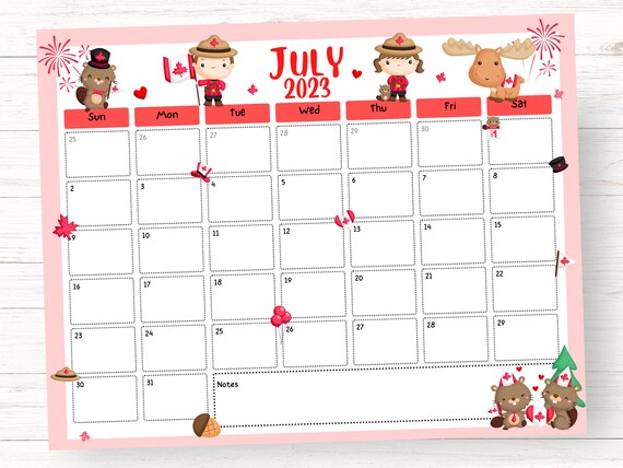 EDITABLE July 2023 Calendar Canada Day Themed Calendar - Etsy