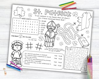 St. Patrick Activity Placemat, St. Patrick's Day Coloring Placemat as Kids Activity for Sunday School or Homeschooling